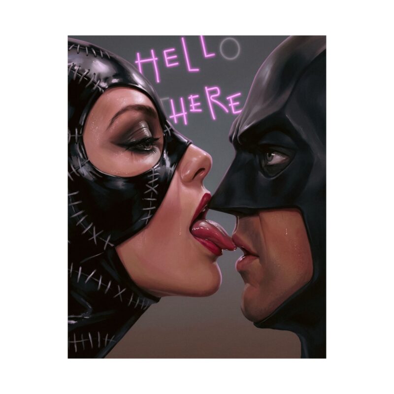 Hello There – Dark Knight & Cat Antihero Tribute Art Print  Gothic Superhero Romance Poster | Dark Comic Inspired Wall Art | Collector Fan Decor